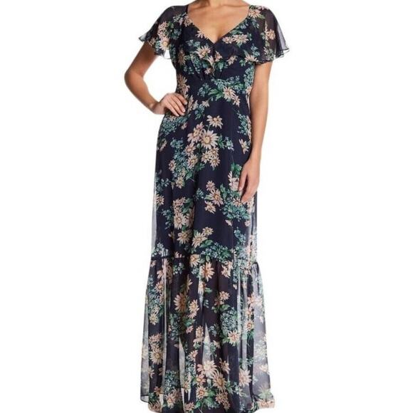 Betsey Johnson Maxi Dress 4 Blue Chiffon Flutter Sleeve Floral Open Back V-Neck - Picture 7 of 12